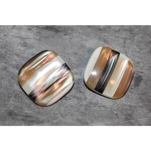 Vintage c1980 1" Square Pearlescent Acrylic Striped Earth-Tone Clip-On Earrings